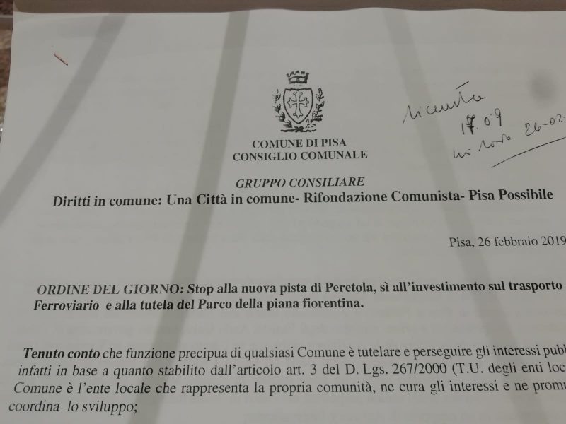 Ordine del giorno: Stop alla nuova pista di Peretola, sì all’investimento sul trasporto ferroviario e alla tutela del Parco della piana fiorentina