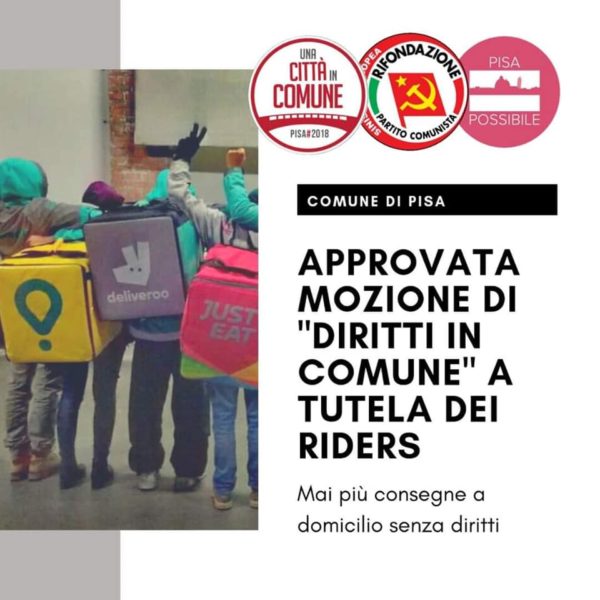 Approvata mozione di Diritti in Comune a tutela dei riders. Mai più consegne a domicilio senza diritti